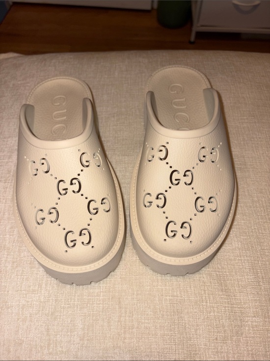 Gucci Shoes - GUCCI Rubber Monogram GG Go Through Platform Slide Clogs in mystic white.